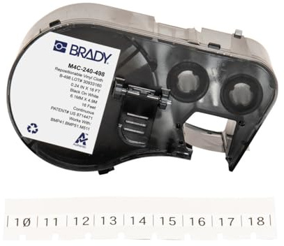 Brady Repositionierbares Vinyl-Kabeletiketten-Band für Etikettendrucker BMP41/BMP51/BMP53/M511 - Selbstklebende Vinyl-Drucker-Etiketten - Schwarz auf Weiß (6.10 mm x 4.88 m) - M4C-240-498