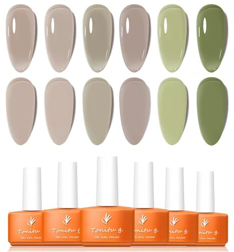 Tonitu G Jelly Gel Nail Polish Set 6 pcs Colors, Light Taupe Pastel Green, Olive Transparent Gel Nail Art Kit, UV LED Soak Off for Salon Manicure and Nail Art DIY at Home, for Gift