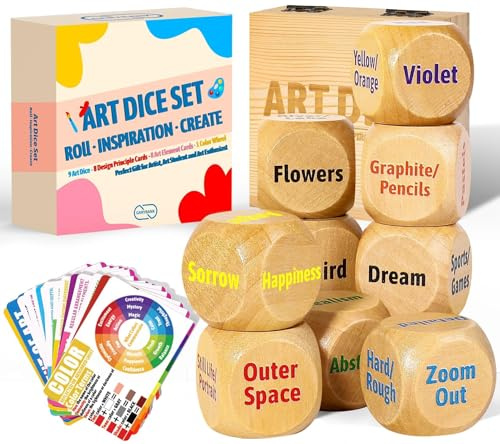Garybank Inspiration Art Dice Gifts for Artists, W/Drawing Principles Cards - Color Wheel & Painting Knowledge, Art Supplies for Women, Set of 9 Creativity Dice, Cool Artist Teacher Gifts