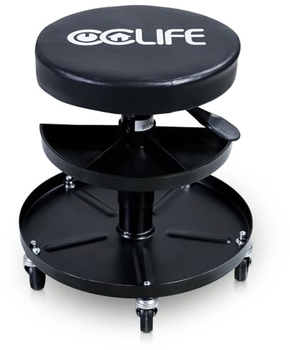 CCLIFE Taburete de Taller con Ruedas y 2 Bandejas MAX. 150 kg Taburete de Altura Regulable 38-50 cm
