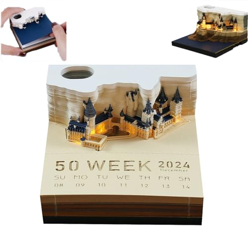 Akayoo 3D zeitmesskalender Kalender Abreißen 2024, 2024 Tischkalender-Notizblock Mit Licht Und Stifthalter, Haftnotizen Kalender In Papier Schnitzen Reißbar Kreative Memo Kalender