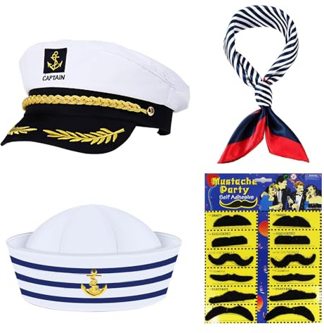 Kapitänsmütze Matrosenmütze,Marine Hut Kapitän Accessoires,Yacht Kapitän Hut,Kapitänsmütze Kostüm Set,Yacht Kapitän Mütze,Mütze Unisex Seemann Kapitän Hat,für Karneval Mottoparty Halloween Cosplay