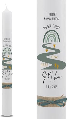 VILLA ROSA LOTTA – Personalisierbare Kommunionkerze „Du gehst mit“ mit Wunschdaten und Rückseite | Regenbogen Wellen grün | 40 cm x 4 cm | für Jungen und Mädchen | Altarkerze elfenbein