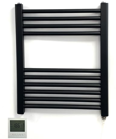 Greened House Radiatore elettrico piatto scaldasalviette da bagno, nero, larghezza 500 mm x altezza 600 mm, con timer programmabile per 7 giorni, termostato