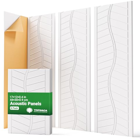 Topnaca 6 Pack Acoustic Panels Sound Absorbing for Recording Studio Walls, White Self-Adhesive Leaf Textured Decorative Art Ceiling Tiles - Acoustical Treatments for Home Office Room Door 17×12×0.4
