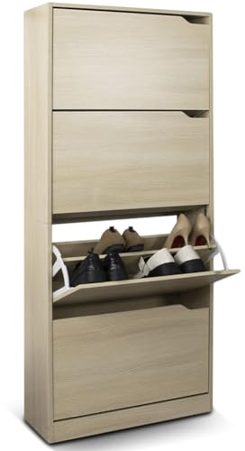 BAKAJI Scarpiera Portascarpe in Legno MDF con 4 Ante Porta Scarpe a Ribalta Maniglie a Scomparsa Doppia Profondità Dimensioni Compatte Slim 63 x 24 x 150 cm Salvaspazio Ingresso Casa (Olmo)