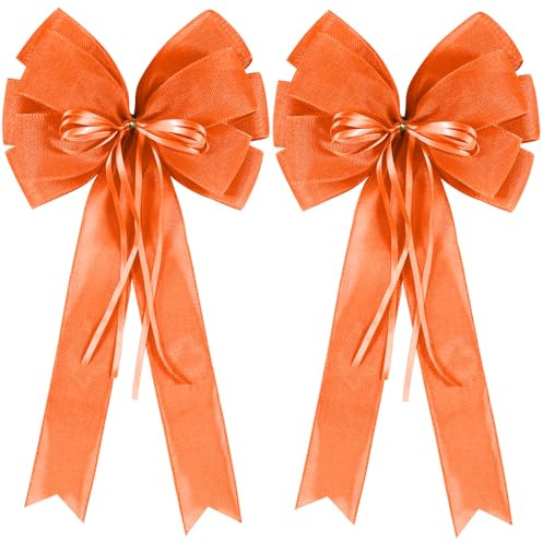 2 PCS Fall Bows for Wreaths Decor,Fall Tree Topper Bow Decorations,Decorative Bow with Orange Burlap and Glitter String for Autumn Thanksgiving Holiday Home Front Door Outdoor