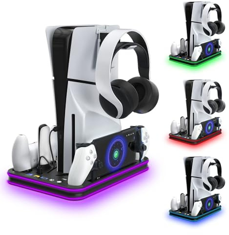 PS5 Slim Ständer und Kühlstation mit RGB LED Controller Ladestation für PlayStation 5, Dual Sense & Edge Controller Ladegerät, Zubehör Kühlung Schwarz
