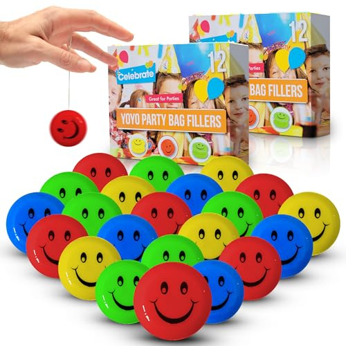SOL 24pk Rainbow Yoyo for Kids Beginners, Assorted Yoyos Kids Party Bag Fillers with Smiley Design, Toys for Toddlers 3 4 5 Year Old, Multicoloured Pink Blue Trick Yoyo Toy