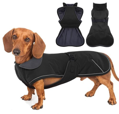 MORVIGIVE Dackelmantel, reflektierend, Dackel-Jacke, schwarz, Größe S, wasserdichte Dackelkleidung für den Winter, Hunde-Wintermantel mit Fleecefutter, Dackelmantel, Geschirr, Verstellbarer