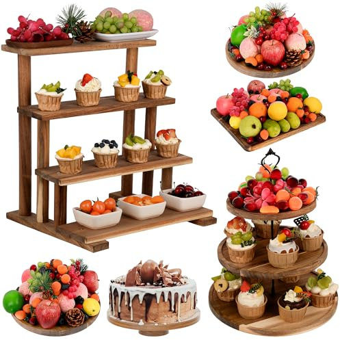 W&H Lot de 6 présentoirs à gâteau en bois d'acacia, 1 présentoir à 3 cerceaux pour cupcakes, assiettes à dessert et 5 plateaux à dessert pour fête, mariage, thé