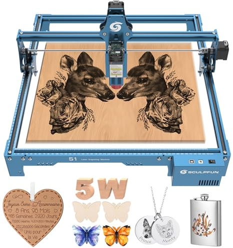 SCULPFUN S1 5,5 W Machine de gravure laser 0,06 mm ultra fine tout métal 110-240 V 5 W Machine de gravure laser compressée Coupe profonde