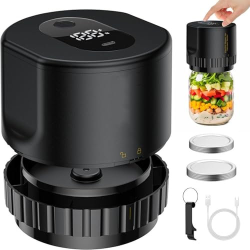 Electric Mason Jar Vacuum Sealer, Intelligent Vacuum Sealer for Mason Jars, Jar Vacuum Sealer for Canning Jars with Regular and Wide Mouth, with 5 + 5 Jar Lids, Keep Food Fresh,Black