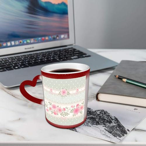 AELKSP Tazza Caffe Latte Te in Ceramica, 330 Ml Tazza Magica, Tazza Divertenti,Tazza colazione originale, tazza regalo,Motivo pizzo a pois rosa stile shabby chic con fiori