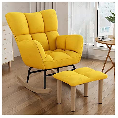 Moderner gelber Schaukelstuhl mit Fußhocker, hohe Rückenlehne, für Wohnzimmer/Schlafzimmer, gepolstert, bequemes Kissen, Freizeit-Wippstuhl