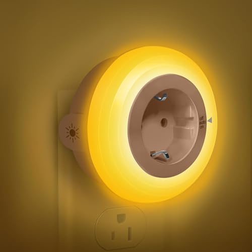 Bowfar Nachtlicht Steckdose mit Dämmerungssensor & Schützen Steckdose Amber | LED Nachtlicht Kinder mit Lichtsensor, Steckdosenlampe Helligkeit Einstellbar für Flur, Treppe, Schlafzimmer, Kinderzimmer