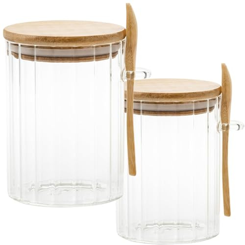 SAFRI Glass Jars with Wooden Lids & Spoons, Food Storage Airtight Container with Spoons for Overnight Oats, Salt Spice Tea Coffee Sugar Organizer Canisters (2 Pack)