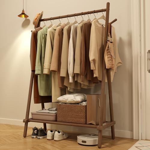 AQIMUELE Kleiderständer, Massivholz Garderobenständer, Garderobe, Kleiderablage, mit Stange, Regal und 4 Haken, Einfache Montage, für Schlafzimmer und Garderobe (Walnuss - ohne Rollen)