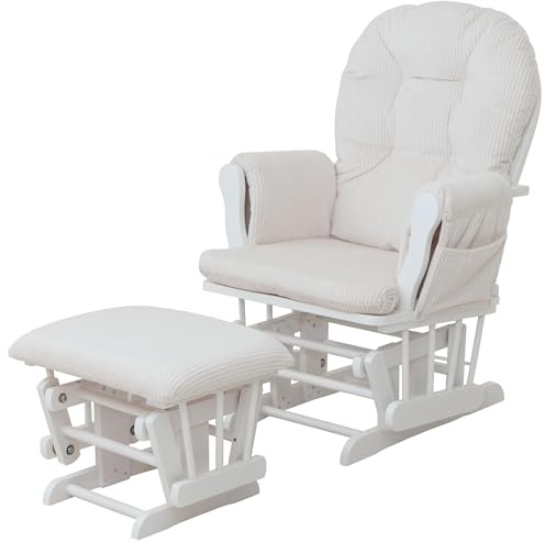 Mendler Relaxsessel HWC-C76 Stoff - Creme Gestell weiß | Schaukelstuhl, Sessel, Schwingstuhl, mit Hocker, Cord, 320g/m², Öko-Tex