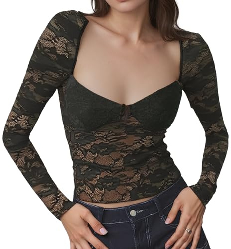 Women's Sexy Floral Lace Top Mesh Crop Top Long Sleeve Sweatheart Neck Slim Fit Layering Going Out Tee Blouse (UK, Alpha, S, Regular, Regular, Black)