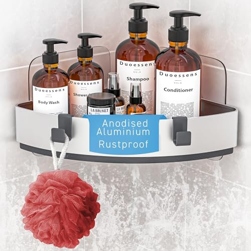 DUOESSENS Corner Shower Caddy - Anodized Aluminum Shower Shelf Corner Rack Organiser with Hooks, Elegant Bathroom Caddy with no drilling and drilled options, Brushed-Silver Finish