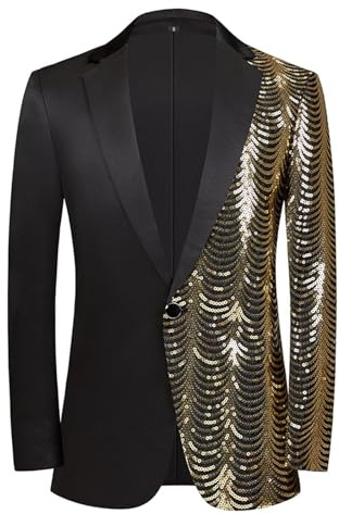 Blazer froncé à paillettes pour homme - Veste de costume en patchwork brillant - Veste de danse étincelante - Blazer à un bouton - Smoking pour fête, dîner, bal de fin d'année, vestes de banquet, doré