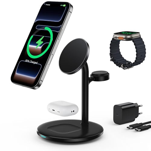 3 in 1 Induktive Ladestation für mehrere Geräte,15W Kabellos Ladestation,Wireless Charger Kompatibel mit Mag Safe Ladegerät für i-Phone 17 16 15 14 13 Pro Max,i-Watch,Air-Pods,Tiefschwarz