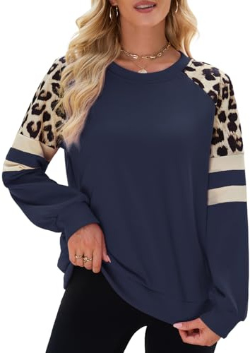 Quatrefox Sweatshirt Damen Baumwolloberteile Langarm Patchwork Kontrast Leoparden Shirt Frauen Lässige Baumwolle Oberteile Rundhals Farbblock Pullover für Herbst Frühling und Winter