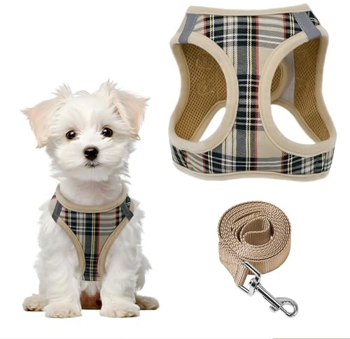 PawSailor Hundegeschirr Klein Hunde Step-in Anti-Zug Welpengeschirr Superweiches Mesh Hund Geschirr Leine Set Karostreifen Reflektierendes Katzengeschirr für Katzen, Chihuahuas, Beige XXXS