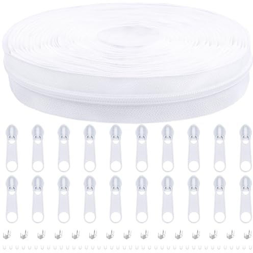 Endlos Reissverschluss mit Zipper, 5mm 9m Nylon Endlosreißverschluss Meterware und 20 Zipper aus Metall für Kleidung Tasche Mäppchen Bettwäsche (Weiß, #5)