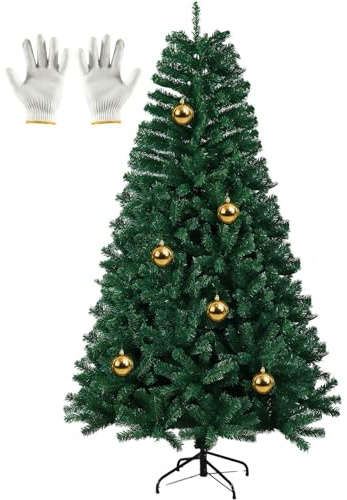 Albero di Natale 180cm con 800 Rami, 6 Palline Dorate Lucide, Guanti Inclusi, Base in Metallo, Facile da Montare per Casa e Ufficio, lbero di Natale Realistico e Stabile con Base in Metallo