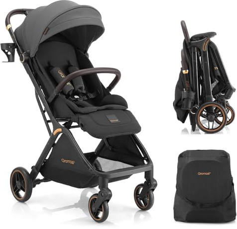 Gromast Gravity Folding Baby Stroller - Portable Travel Toddler Stroller w/Adjustable Backrest, Canopy & Cup Holder, Lightweight and UV Protected, One-Hand Automatic Folding - Dark Gray