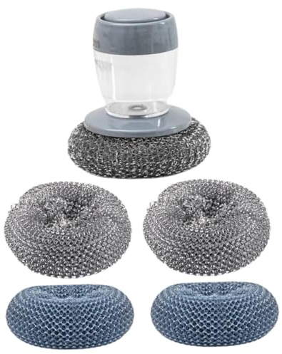 FUNOMOCYA Liquid Dispensing Kitchen Dish Brush with Scrubbing Sponges and Steel Wool, Press-activated Pot and Pan Cleaning Set for Household Dishwashing and Sink Cleaning