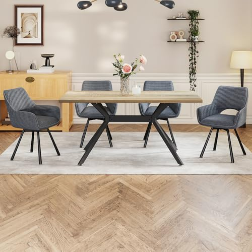 WAFTING Esstisch mit 4 Stühlen,Essgruppe,Heller Platte,Polsterstuhl Grau | Esstisch Holz 140x80x76,Esszimmerstuhl Drehbar 360°mit Armlehne,Tischset Für Küche, Wohnzimmer, Esszimmer