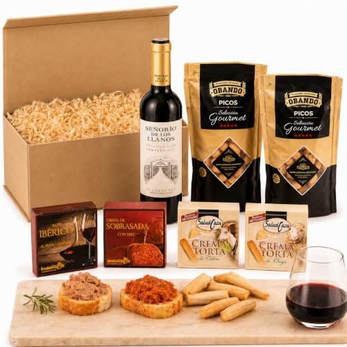 Cesta Gourmet para Regalar ACROL, Vino Tinto 37,5cl, cremas torta Oveja y Cabra, paté ibérico al Pedro Ximénez, sobrasada con miel y picos artesanos, regalo hombre, regalo mujer cumpleaños