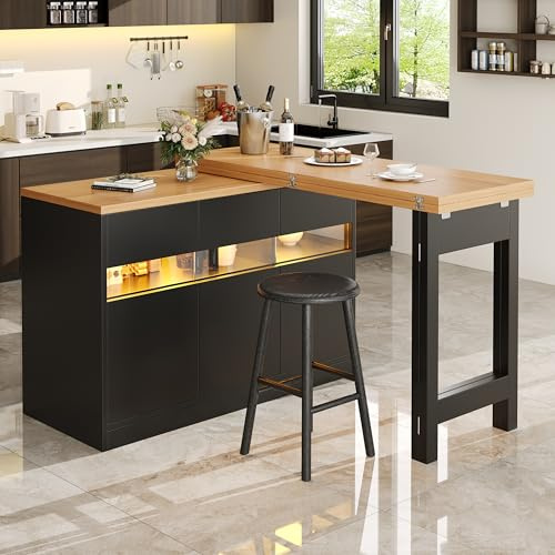 DACHETOU Tavolo da bar allungabile, 120-180 cm, girevole a 360°, moderna isola da cucina con spazio di archiviazione, per soggiorno, sala da pranzo, ufficio, colore nero + Natura