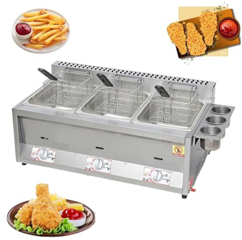 Friggitrice a Olio Professionale da Banco in Acciaio Inox da 24 Litri, Friggitrice a Gas con Temperatura Regolabile, Cestello e Coperchio, Facile da Pulire, per Cucina, Ristorante, Domestico