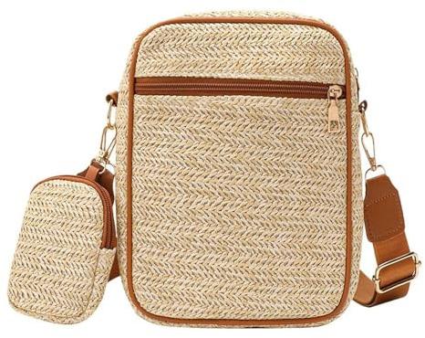 XFSRG Sac Bandoulière Bohème pour Femme Style Rotin Sac Plage Élégant avec Bandoulière Réglable et Détachable Pochette de Paille Idéal pour Fête Mariage Vacances (Marron)