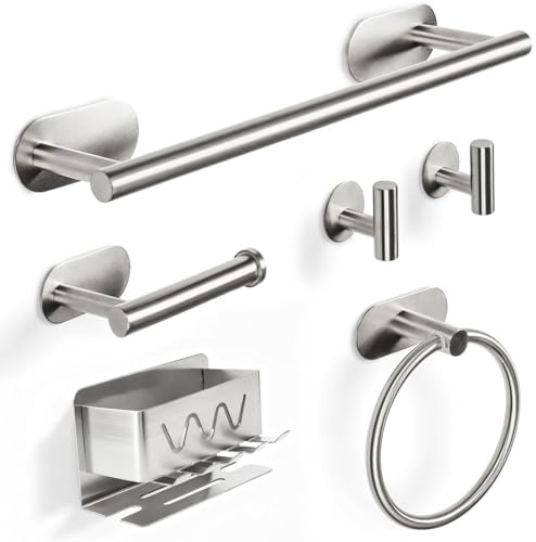 Virklyee Conjunto Toallero de 6 Piezas,Accesorios de Baño Autoadhesivo,Porta cepillos de Dientes, Toallero Barra,Toallero Adhesivo,Soporte Papel Higiénico,2 Ganchos Montado (Plata)