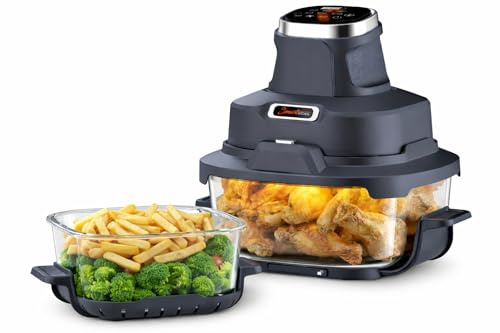 Freidora de aire inteligente de vidrio para cocina 4 en 1 – Air Fryer para hornear, recrisp y Max Crisp – 4 L + 1,5 L Torre Turbo Pro con recipiente de vidrio – Compacta y portátil – Negro