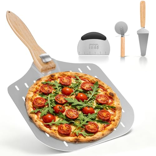 4-teiliges Pizzaschaufel Set, 30 cm Pizzaschieber perforiert mit Klappgriff, Pizzaschneider, Edelstahl Teigschaber mit Maßskala & Pizzaheber – Pizzaofen Zubehör für Hobbybäcker & Pizzaliebhaber