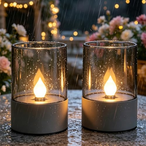 Kaezuy 2 Stück Solar Kerzen Outdoor Teelichter LED Aufladbar Outdoor (A) | Solar Teelichter mit Timer Wasserdicht Aufladbare Elektrisch Solarkerzen für Außen Wetterfest Garten Terrasse Balkon Deko