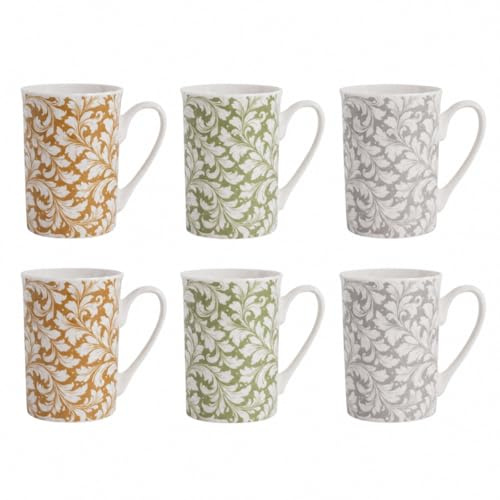 Set of 6 New Bone China Mugs 270ml – 2 Grey, 2 Green & 2 Mustard Floral Scroll Design Tea Coffee Cups – Tall 10cm x 7cm Modern Mug Set for Hot Drinks Home Kitchen Dishwasher & Microwave Safe