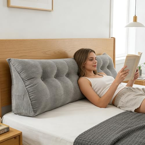 Belfoyer XXL Rückenkissen, Lesekissen für Bett und Sofa – 200 cm mit Zwei Seitenfächern, weiches Maisplüsch, stützt Rücken & Nacken, rutschfest, für die gesamte Familienbreite, Grau