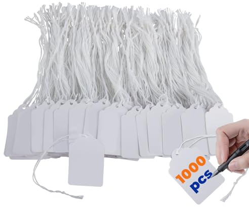 Price Tags with Strings Attached, 1000pcs Marking White Merchandise Hang Tags Labels for Goods Gifts Jewelry Clothing Garage Yard Rummage Sale Supplies 1 3/8 x 2 1/8