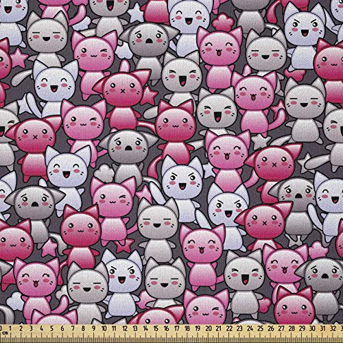 ABAKUHAUS Katze Stoff als Meterware, Kawaii Doodle Humor, Microfaser Stoff für Dekoratives Basteln, 1M (148x100cm), Lila Rosa Tan