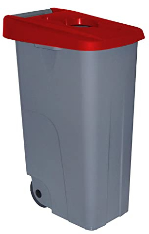 Contenedor de Residuos Reciclo 85L Rojo con Tapa Abierta y Ruedas – Plástico Resistente, Encajable, Asa Ergonómica, Ideal para Reciclaje y Colectividades | Denox