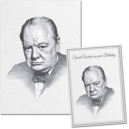 Gifts for WW2 Lovers - Birthday Card with Matching Unframed A4 Print for him - Gift for World War Two Enthusiasts - Unique Memorabilia - Sir Winston Churchill Portrait Fine Art Drawing