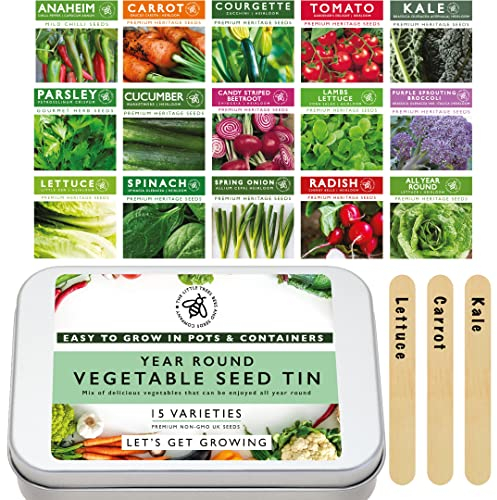 Gardening Vegetable Seed Tin: 15 Varieties of Heirloom Vegetables Seeds for Planting UK - Includes 15 Plant Labels. Perfect Gardening Gift, Ideal for Small Spaces, Pots, Patio & Balconies