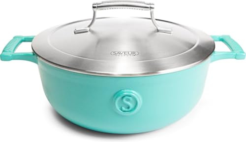 SAVEUR SELECTS Gusseiserne Kasserolle mit Edelstahldeckel, 3.7 L Volumen, Ø 25 cm, Emailliert, Spülmaschinenfest, geeignet für alle Herdarten, Backofenfest bis 260 °C, Induktionsgeeigneter Kochtopf